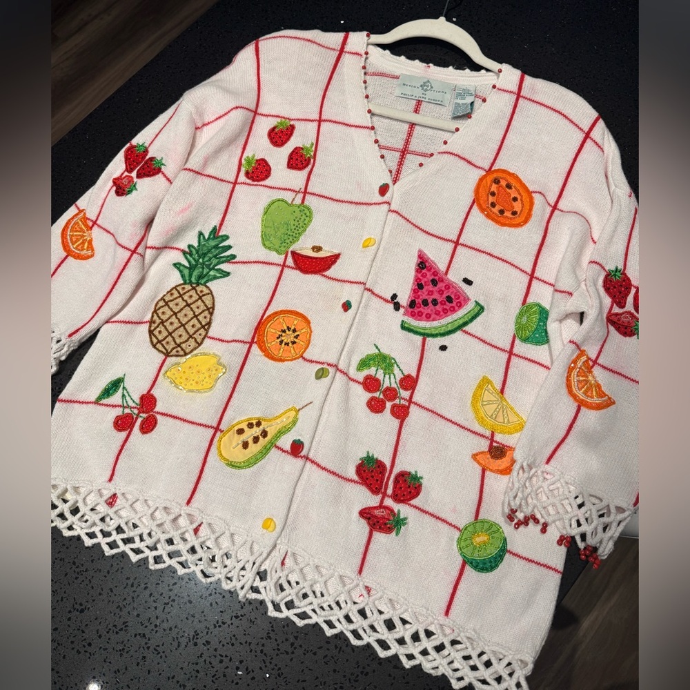 Vintage Design Options by Philip & Jane Gordon Beaded Fruit Novelty Cardigan L